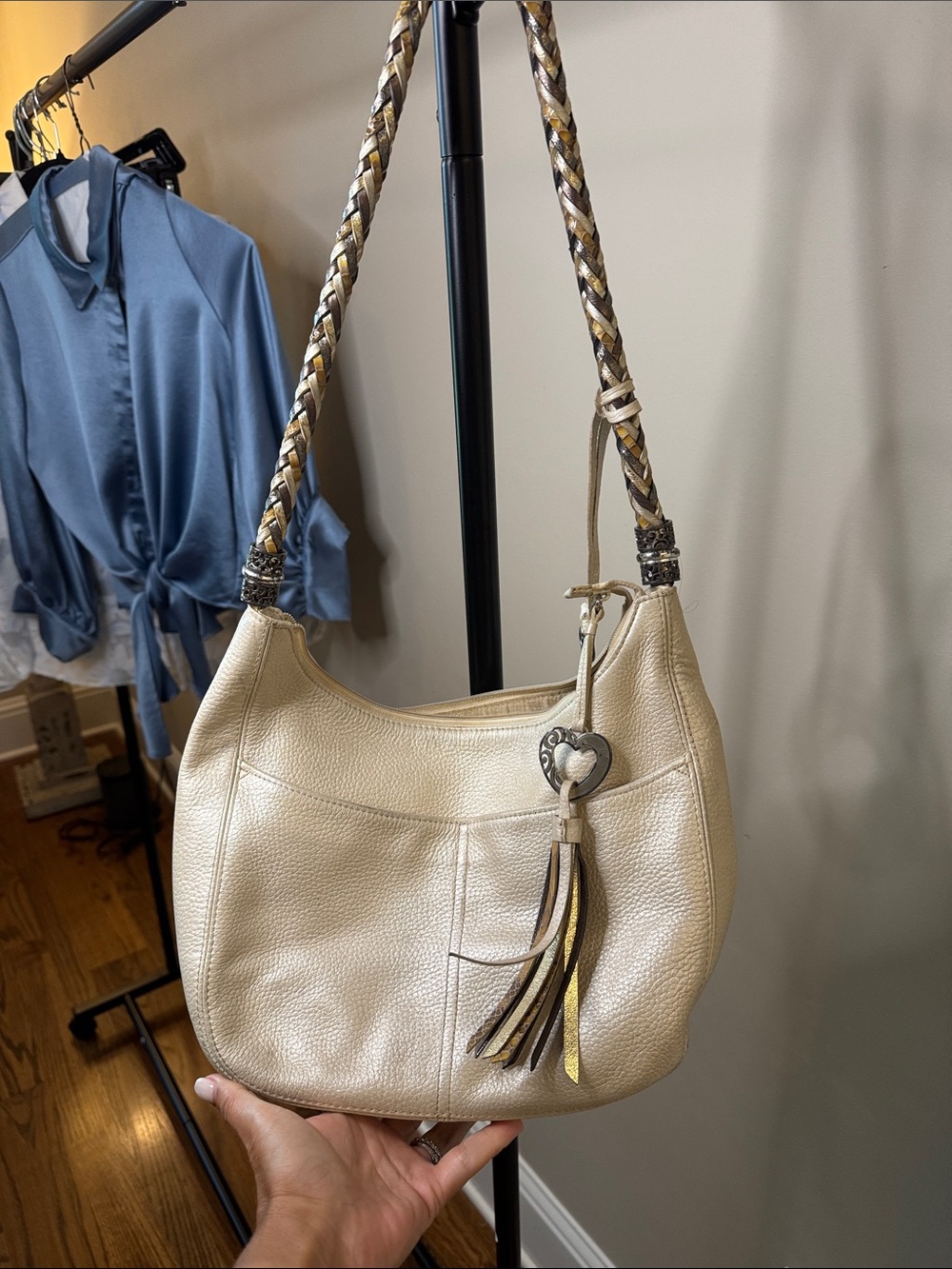 Brighton Cream Pebbled Leather Hobo with Braided Strap and Tassel